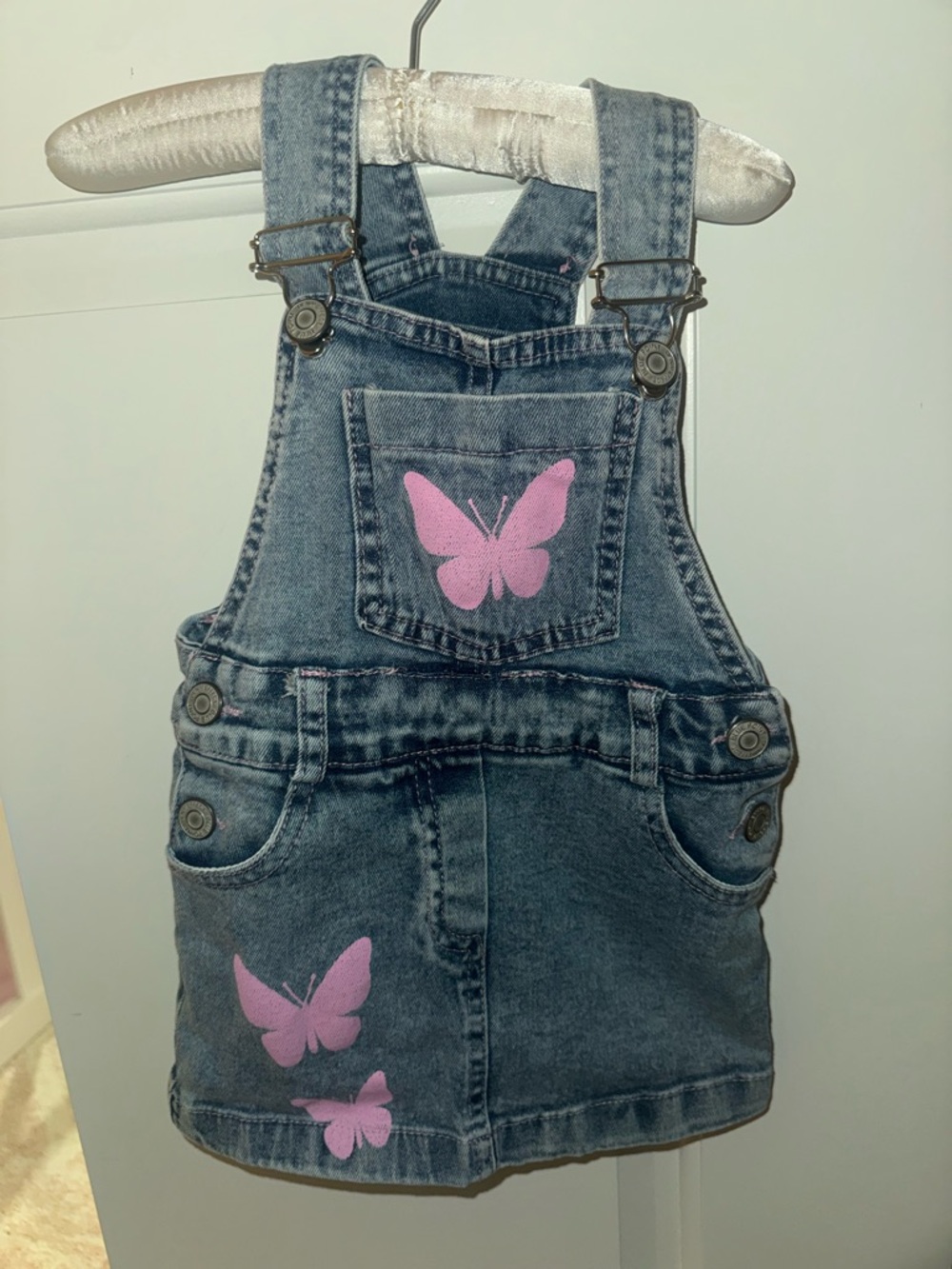 Girls' Denim Overall Skirt with Pink Butterfly Detail